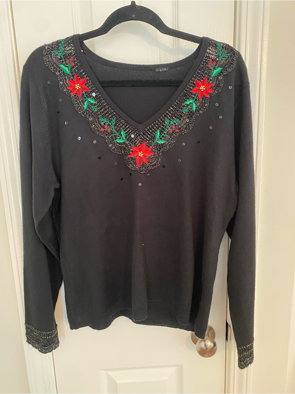 Women's Black V-Neck Sweater with Red Floral Embroidery